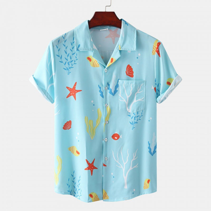 Men's Cuban Collar Ice Silk Floral Short Sleeve Shirt