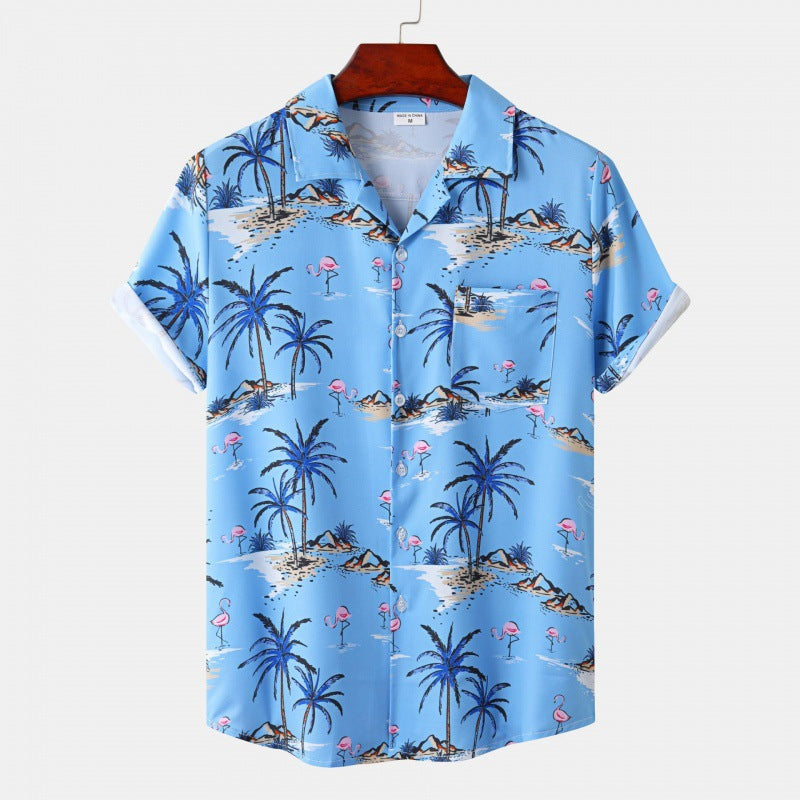 Men's Cuban Collar Ice Silk Floral Short Sleeve Shirt