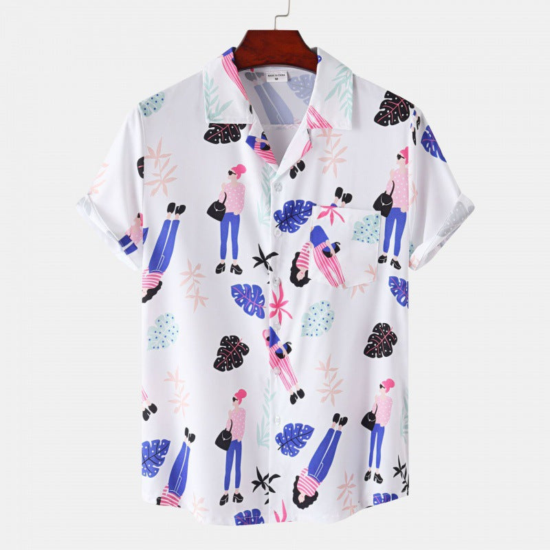 Men's Cuban Collar Ice Silk Floral Short Sleeve Shirt