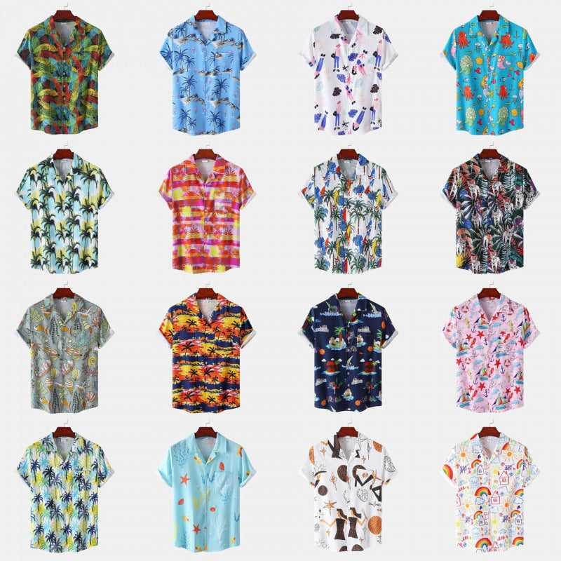 Men's Cuban Collar Ice Silk Floral Short Sleeve Shirt