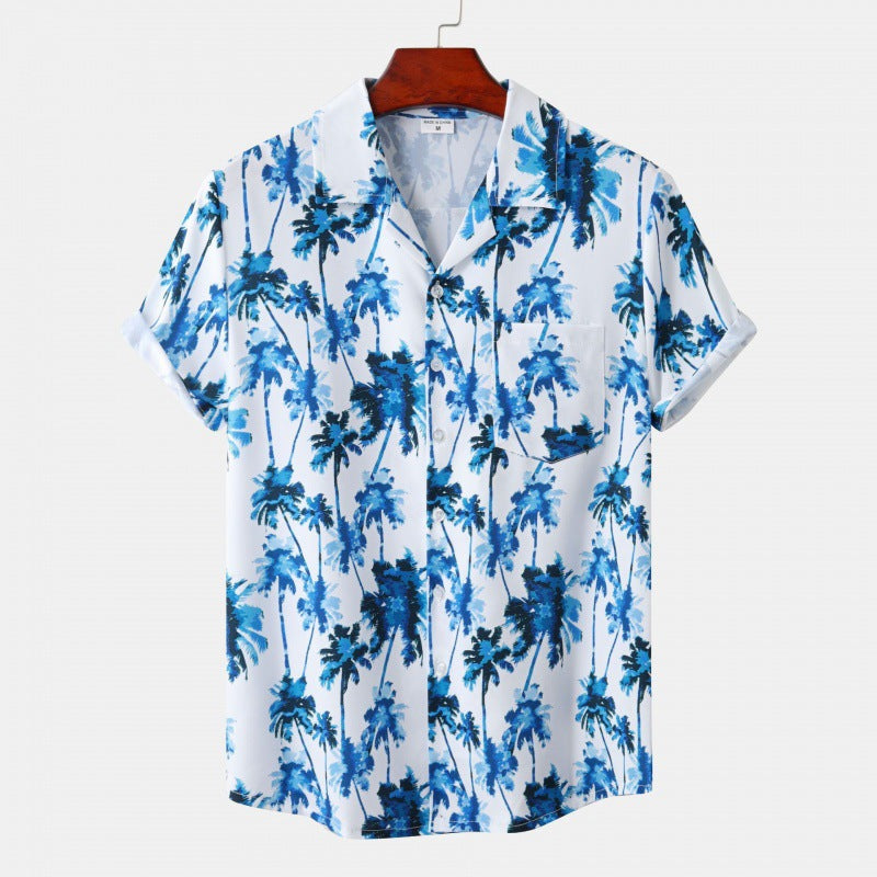 Men's Cuban Collar Ice Silk Floral Short Sleeve Shirt