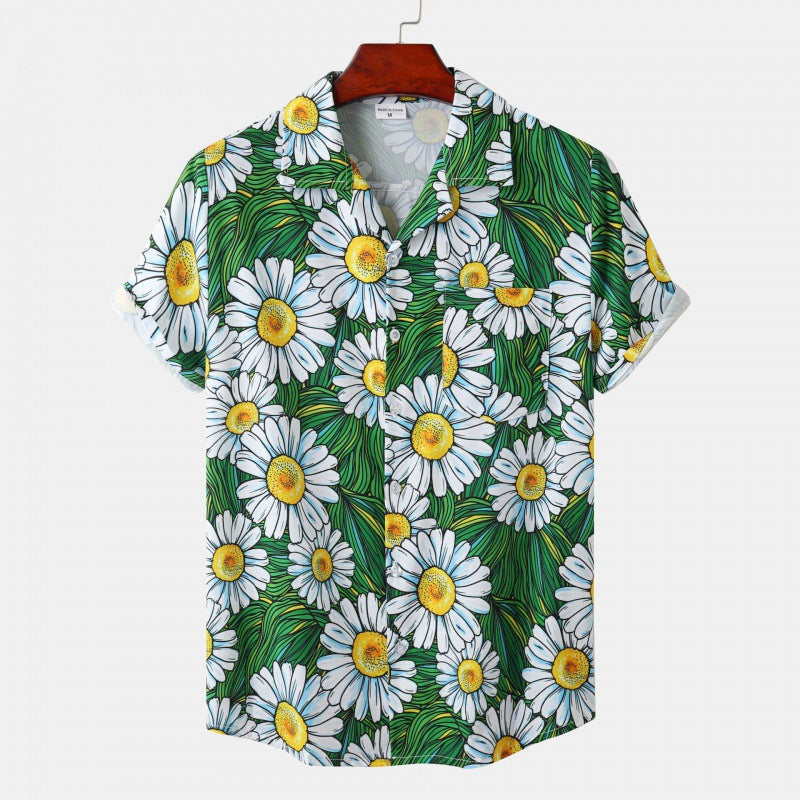 Men's Cuban Collar Ice Silk Floral Short Sleeve Shirt