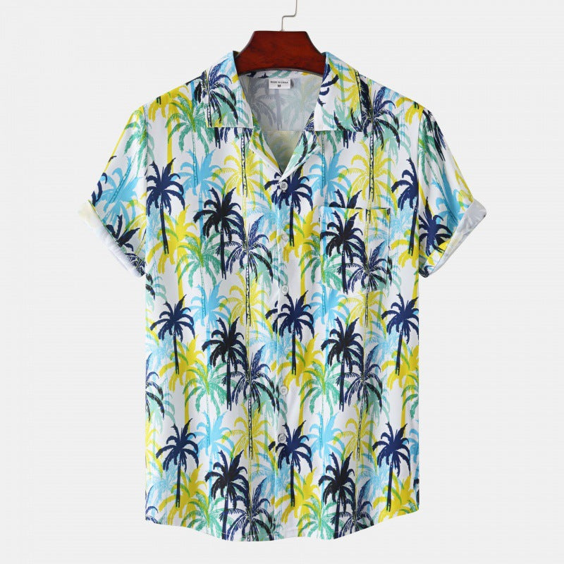 Men's Cuban Collar Ice Silk Floral Short Sleeve Shirt
