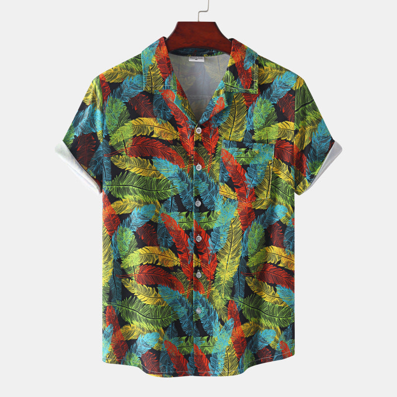 Men's Cuban Collar Ice Silk Floral Short Sleeve Shirt
