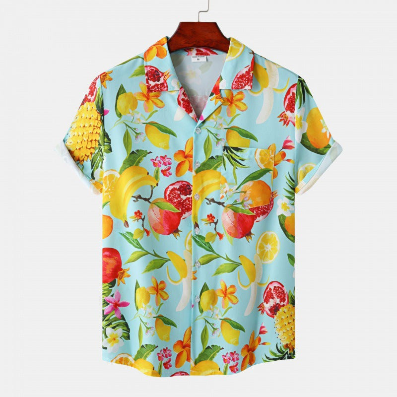 Men's Cuban Collar Ice Silk Floral Short Sleeve Shirt