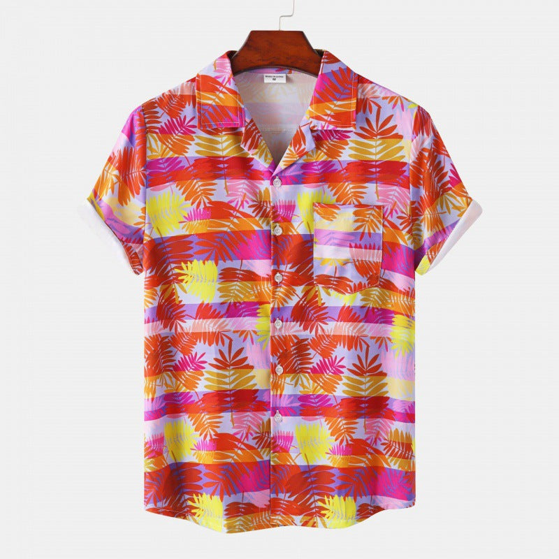 Men's Cuban Collar Ice Silk Floral Short Sleeve Shirt