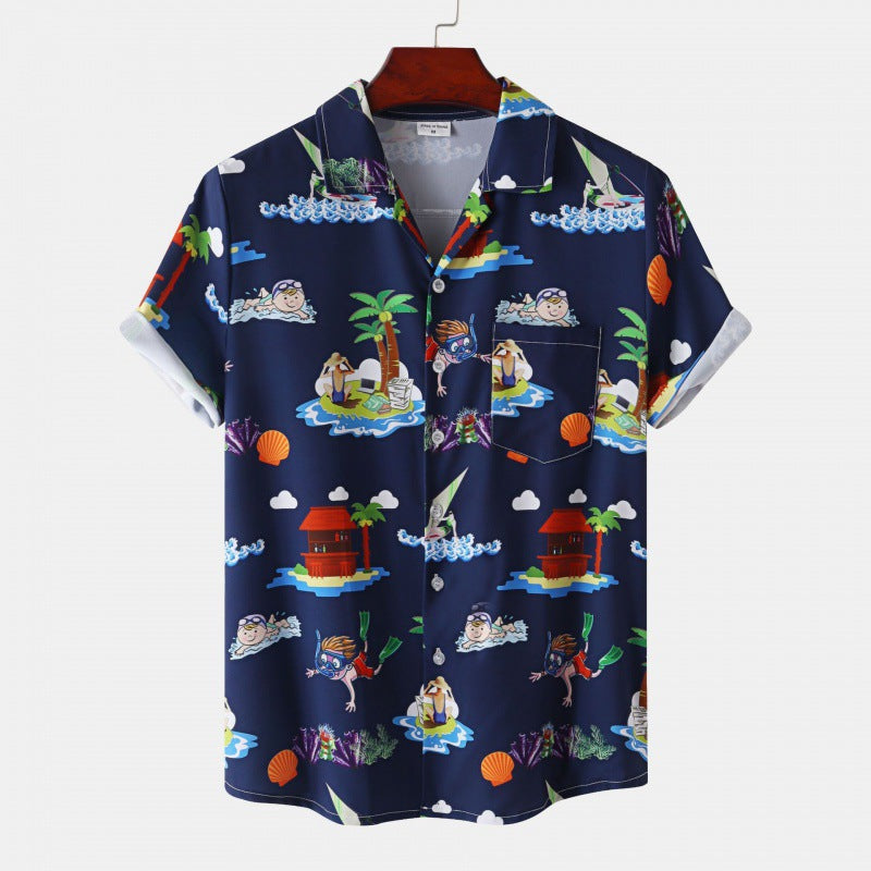 Men's Cuban Collar Ice Silk Floral Short Sleeve Shirt