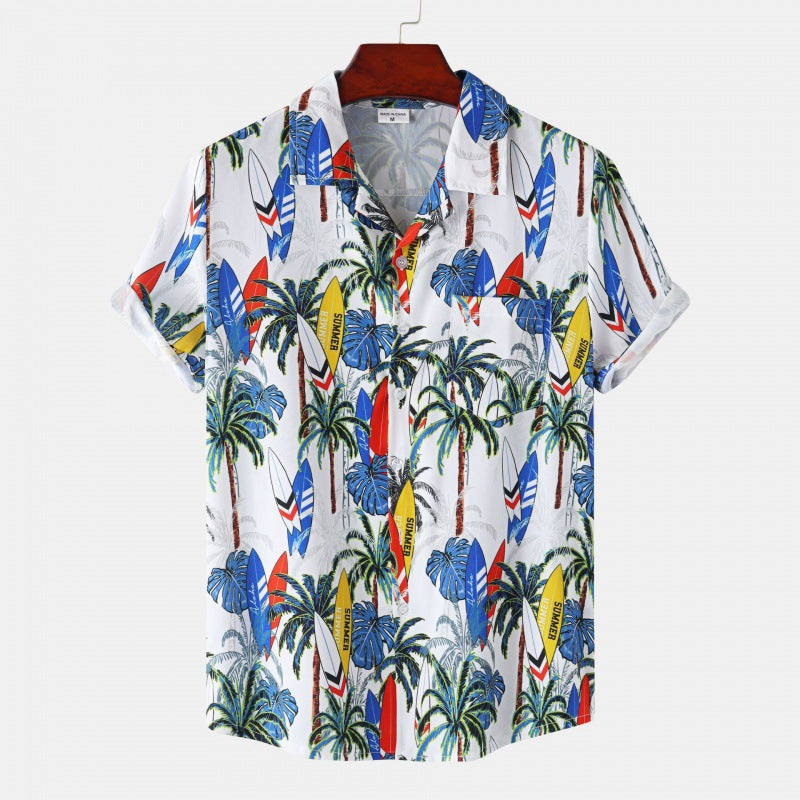Men's Cuban Collar Ice Silk Floral Short Sleeve Shirt