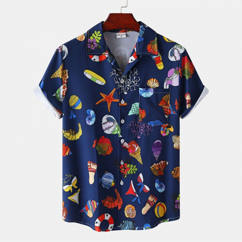 Men's Cuban Collar Ice Silk Floral Short Sleeve Shirt