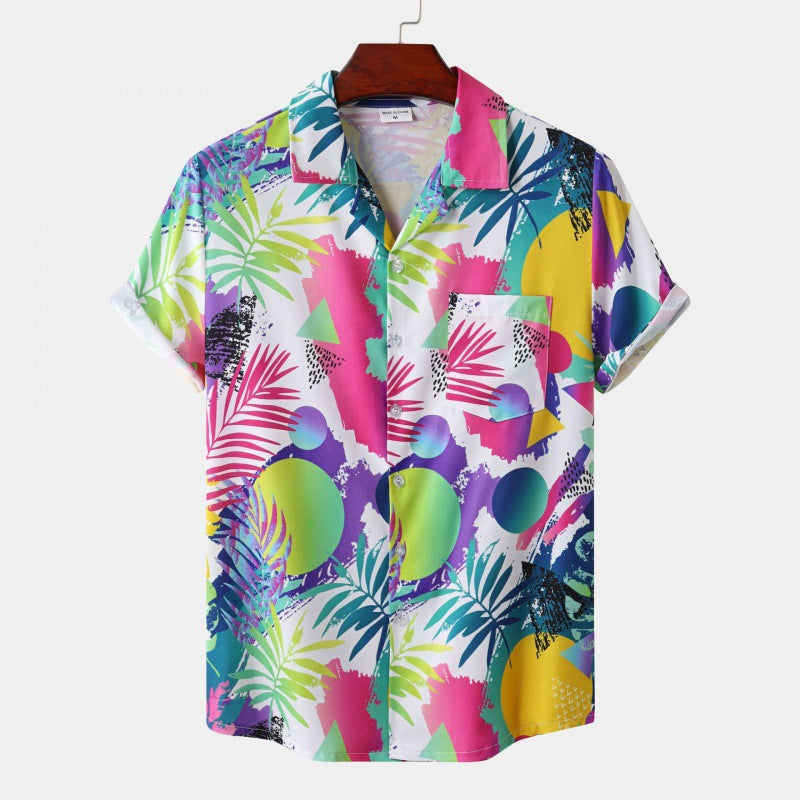 Men's Cuban Collar Ice Silk Floral Short Sleeve Shirt