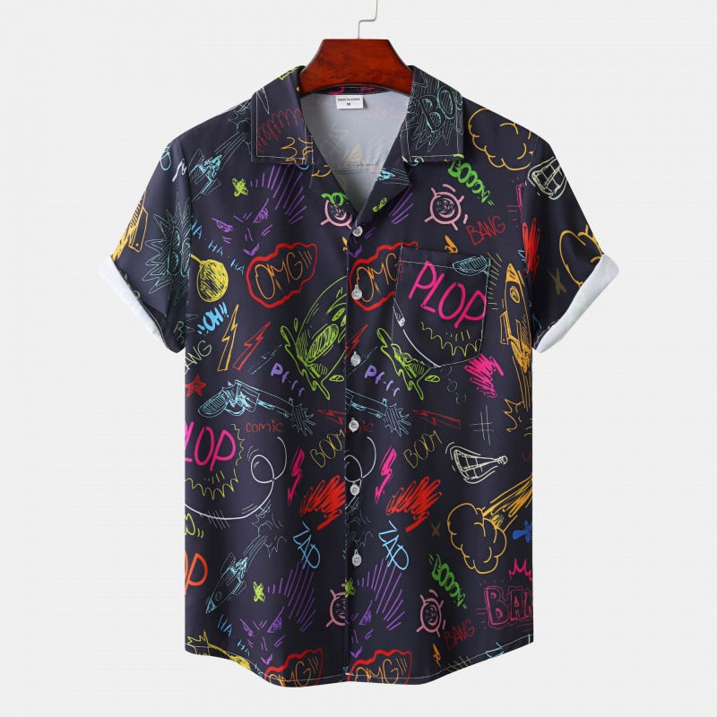 Men's Cuban Collar Ice Silk Floral Short Sleeve Shirt