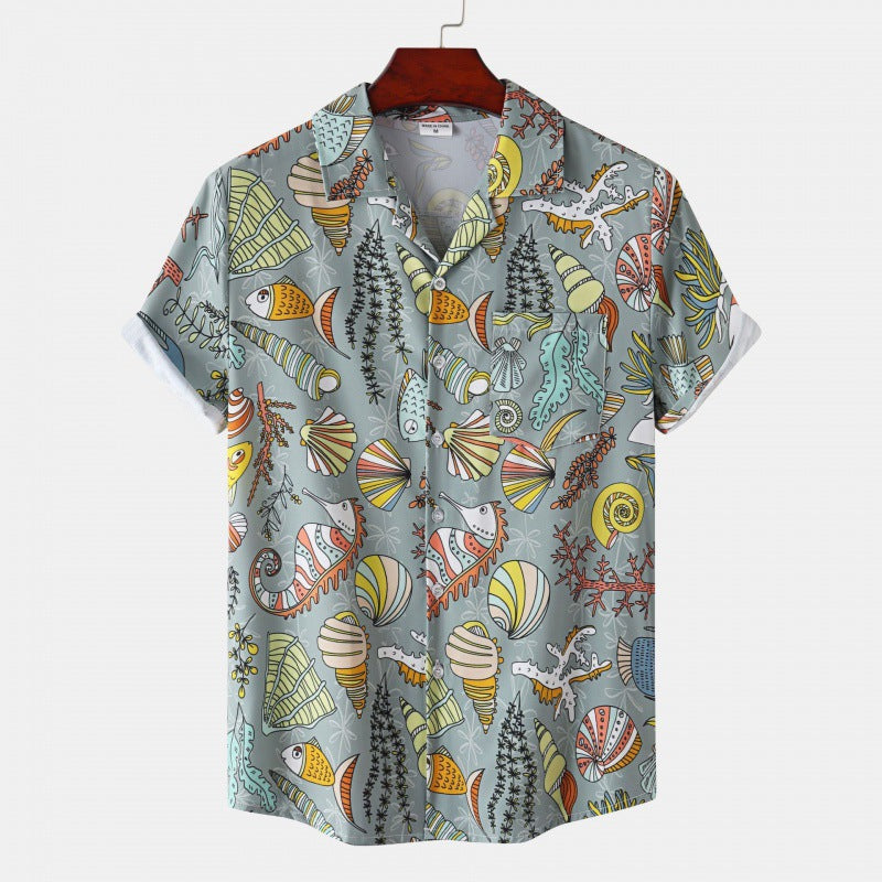 Men's Cuban Collar Ice Silk Floral Short Sleeve Shirt