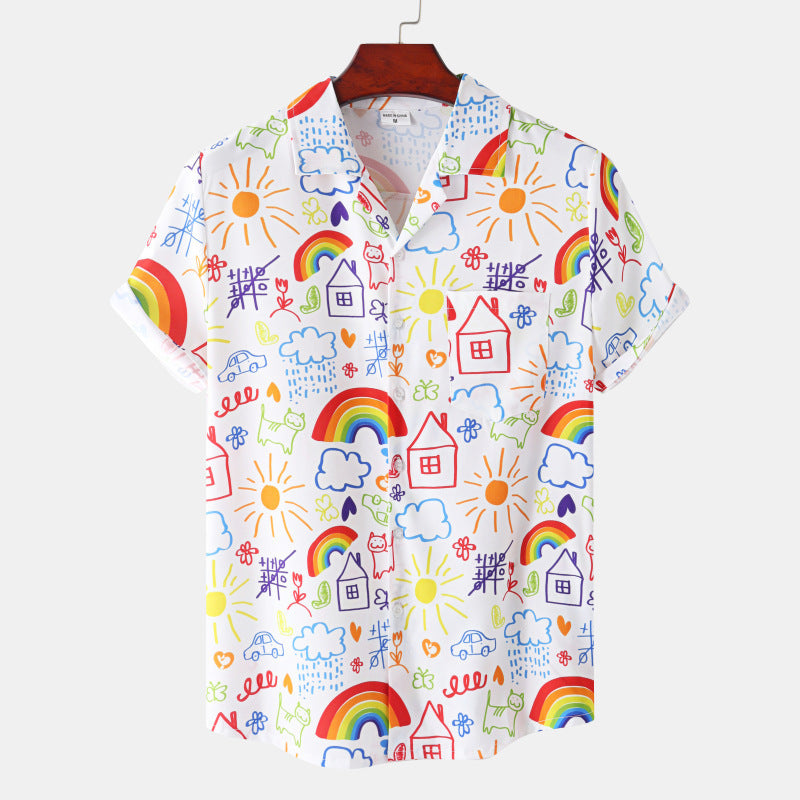 Men's Cuban Collar Ice Silk Floral Short Sleeve Shirt