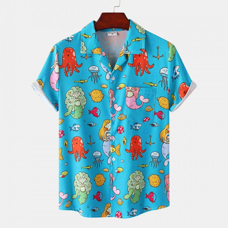 Men's Cuban Collar Ice Silk Floral Short Sleeve Shirt