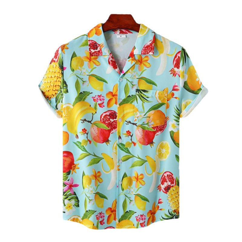 Men's Cuban Collar Ice Silk Floral Short Sleeve Shirt