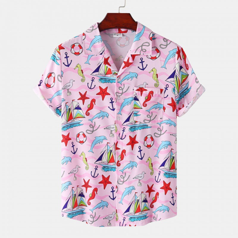 Men's Cuban Collar Ice Silk Floral Short Sleeve Shirt