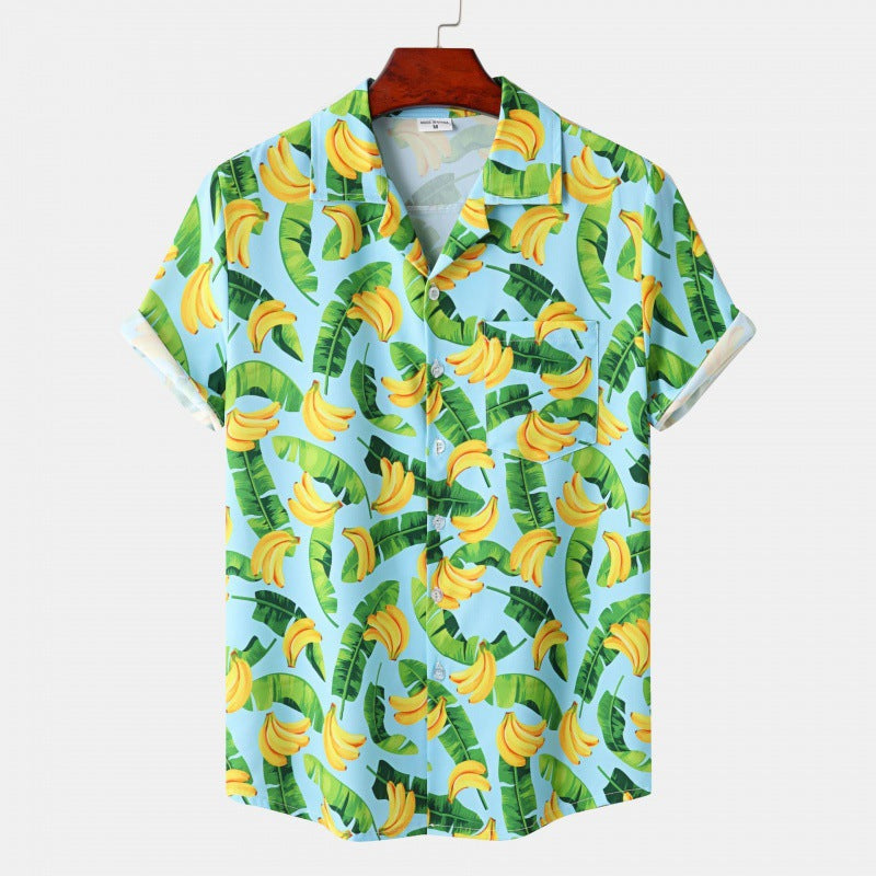Men's Cuban Collar Ice Silk Floral Short Sleeve Shirt
