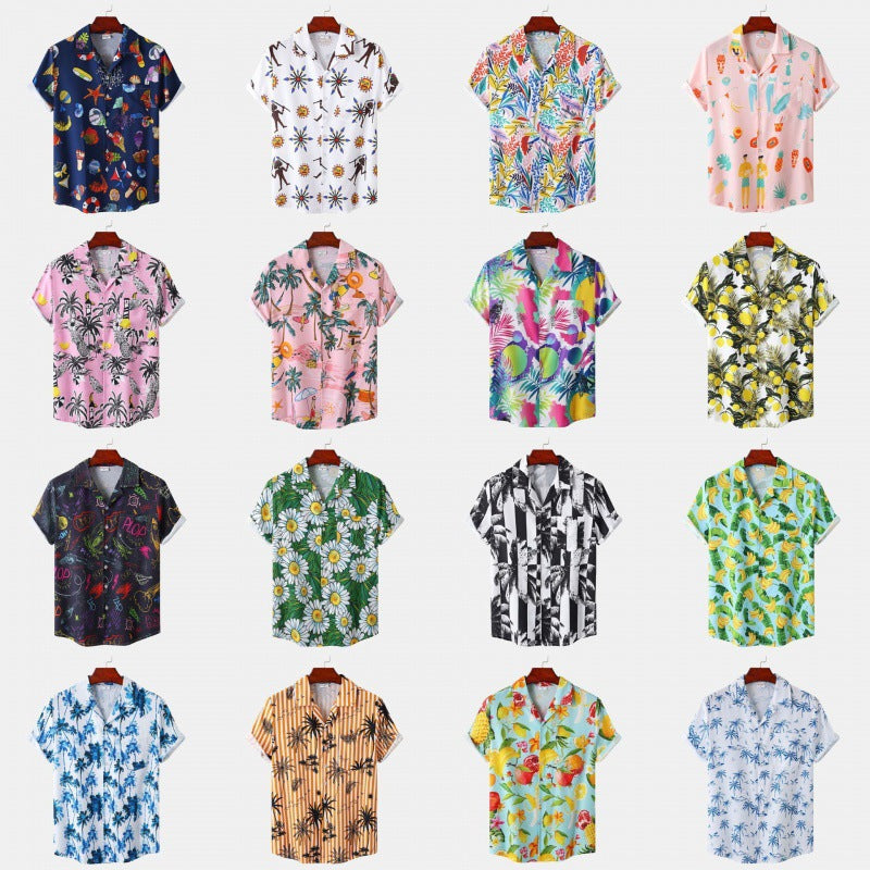 Men's Cuban Collar Ice Silk Floral Short Sleeve Shirt