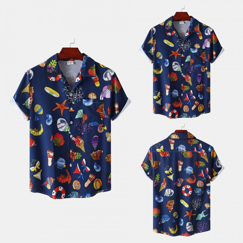 Men's Cuban Collar Ice Silk Floral Short Sleeve Shirt