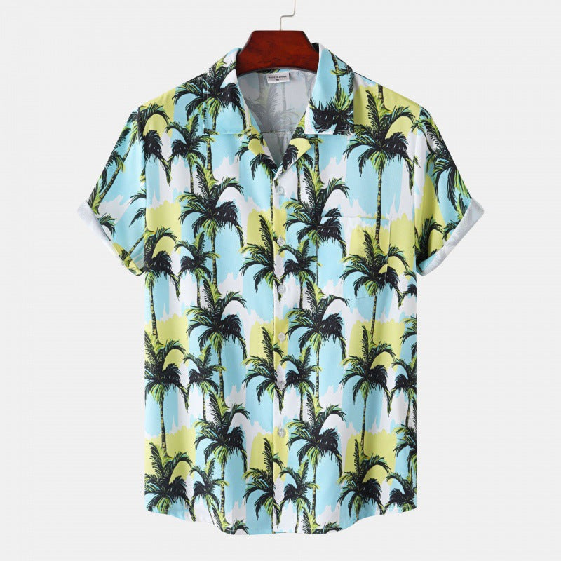 Men's Cuban Collar Ice Silk Floral Short Sleeve Shirt