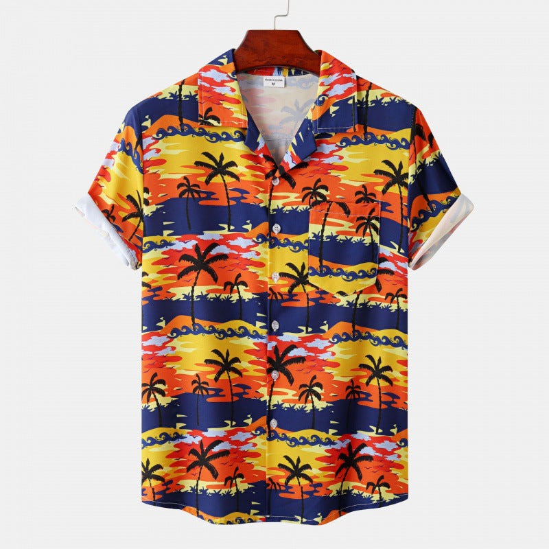 Men's Cuban Collar Ice Silk Floral Short Sleeve Shirt